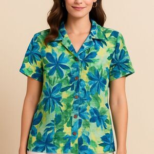 Chico’s 100% Linen Tropical Floral Button Front Camp Shirt Jacket Sz. 2 (Large)